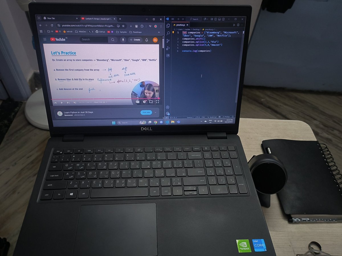 abdulladotexe's tweet image. monday energy hit hard,
couldn’t study much today, college took over - but still revised arrays and practiced methods like push(), pop(), shift(), unshift(), splice(), slice(), concat() &amp;amp; toString(). Small steps count 💪
#100DaysOfCode #CodingLife