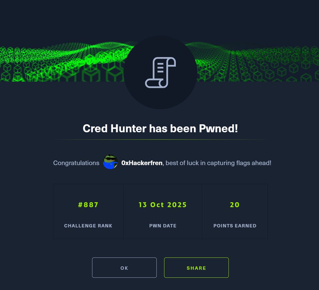 hackerfren's tweet image. Another Hack the Box challenge review coming at you:
Cred Hunter is an easy-rated Coding challenge created by 1311LL, with 887 solves and a community rating of 2.2/5.0. Released 114 days ago, it awards 20 points and took approximately 10 minutes to complete.
The challenge…
