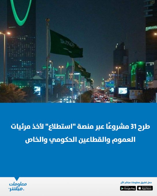 "استطلاع" تطرح 31 مشروعًا اقتصاديًا وتنمويًا بالتعاون مع 20 جهة حكومية، لتعزيز الشفافية وإشراك القطاعين العام والخاص في صياغة الأنظمة واللوائح الجديدة. #مباشر_بلس 