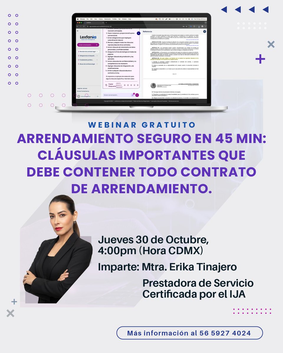 Te invitamos a nuestro webinar, veremos cómo blindar tus contratos de arrendamiento con checklist + cláusulas, ¡no te quedes fuera!
🗓️Conéctate el próximo jueves 30 de octubre, a las 4:00 p.m.
🧑🏻‍⚖️Regístrate: lexfania.ai/webinar-octubr…
#Contratos #Lexfania #LegalTech