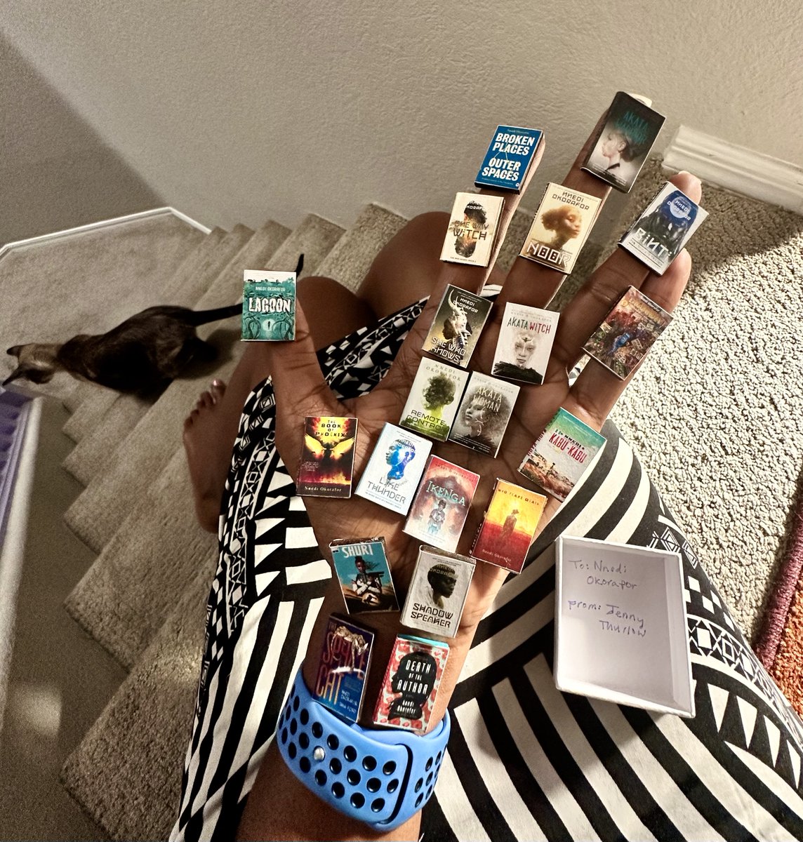 A woman in my book-signing line at the Heartland Book Festival gave me these miniature versions of my books. So delightful! 📚I'm going to keep this tiny library on my desk. Nearly every book I've written.