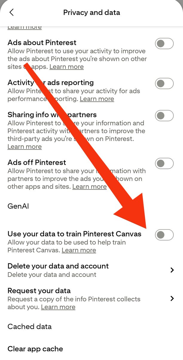 <a href="/hansoeii/">han 🐇</a> And don't forget to stop feeding the 🌍 🔥 machine. 

Here is how to turn off permissions for Pinterest to use your data to train it's own AI tools.