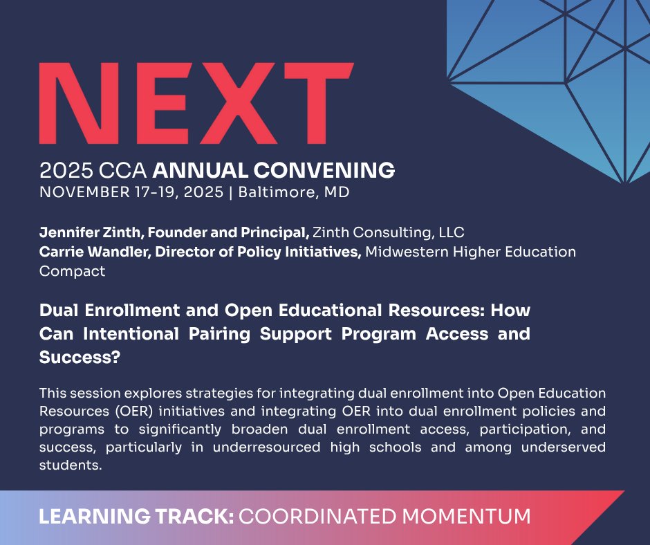Complete College America is excited to welcome Jennifer Zinth of Zinth Consulting, LLC and Carrie Wandler of Midwestern Higher Education Compact to NEXT: The 2025 CCA Annual Convening in Baltimore, MD, November 17-19.

Register today: web.cvent.com/event/5f4aa210…