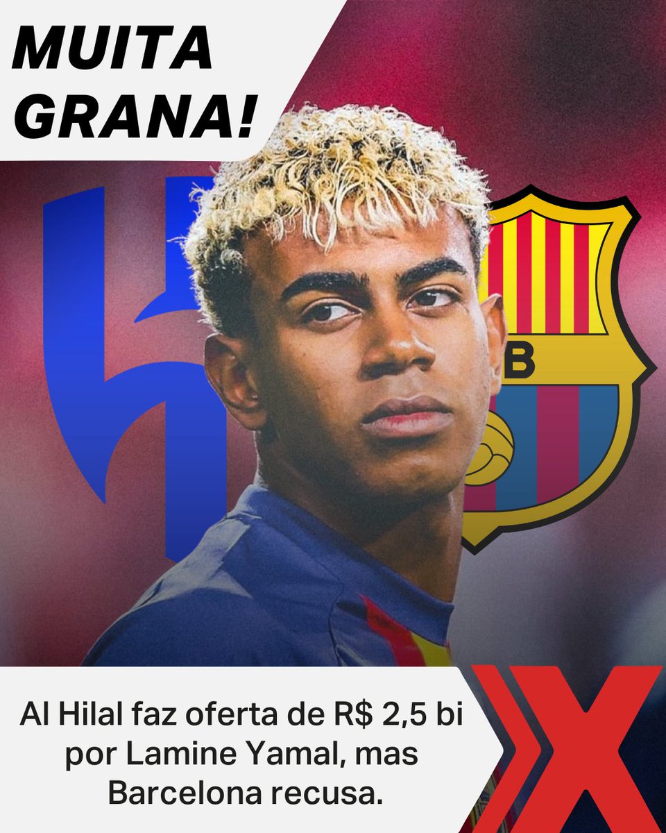 xsportsbrasil's tweet image. ABSURDO! 😱
O time saudita fez uma oferta que, se fosse concretizada, seria a mais cara da história do futebol — mas o Barça recusou!
O hype de Yamal é real! 🔥

Acerte na ❌!

Reprodução / Instagram
#Xports #LamineYamal #Barcelona #AlHilal #Futebol