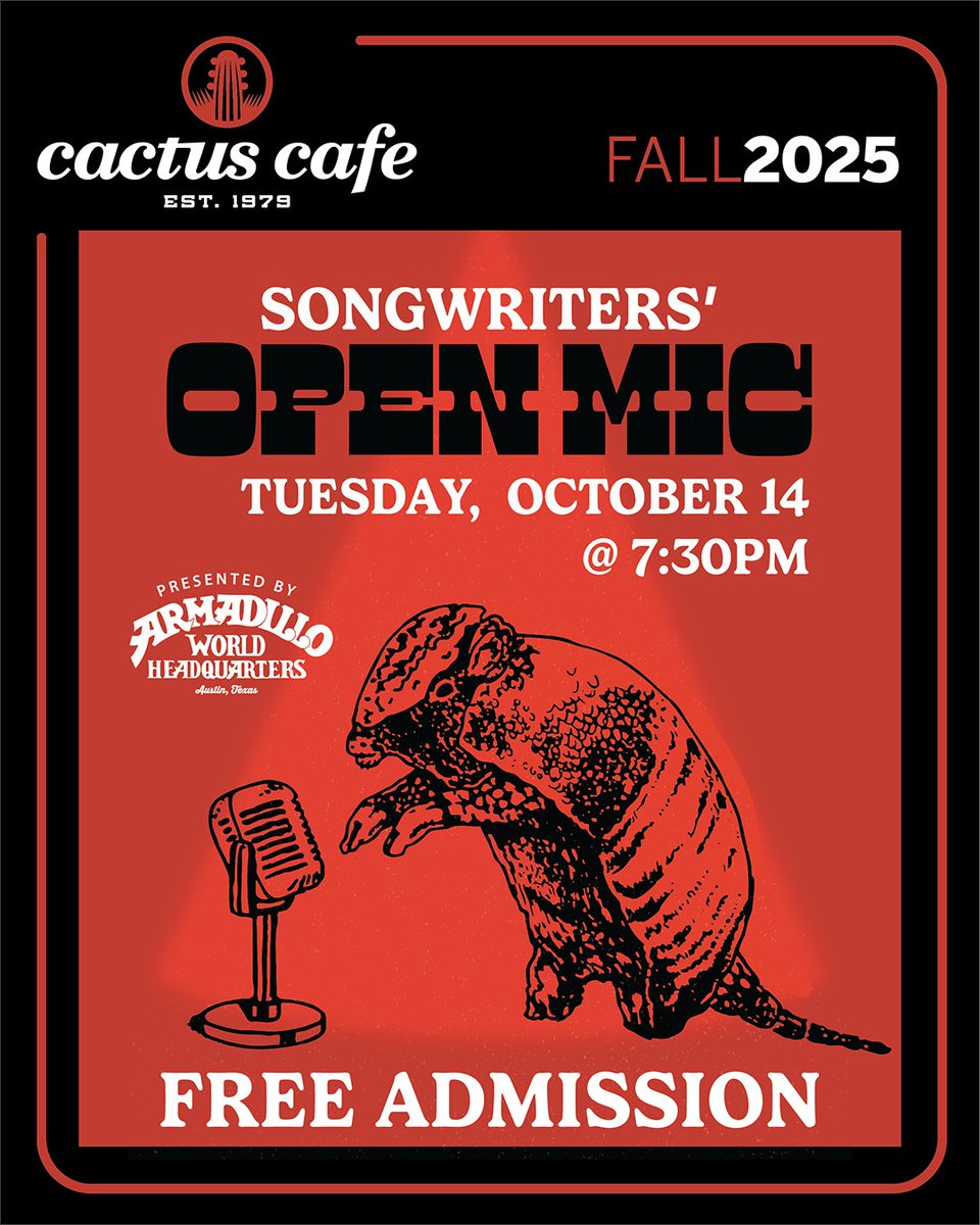 cactuscafeatx's tweet image. Songwriters’ Open Mic is on tomorrow at the Cactus! Bring a friend and enjoy a cozy evening of music that’s as authentic as Austin itself!
These Open Mics are FREE and presented by Armadillo World Headquarters.
#AustinMusic #CactusCafe #LiveMusicAustin #LivingTheLonghornLife