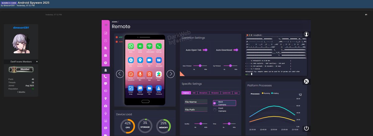 DarkWebInformer's tweet image. 🚨 Claimed Sale of Android Spyware 2025: Rails-based C2 with Metasploit and ADB