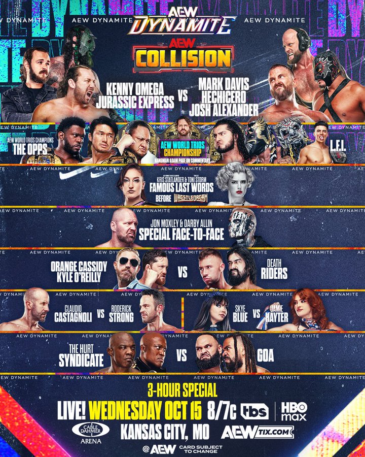 AEWonTV's tweet image. We're not only bringing you TWO HOURS of #AEWDynamite, but ONE HOUR of #AEWCollision... LIVE as we're on the road to #AEWWrestleDream!
Don't miss a moment of the action WEDNESDAY at 8/7c on TBS and HBO Max