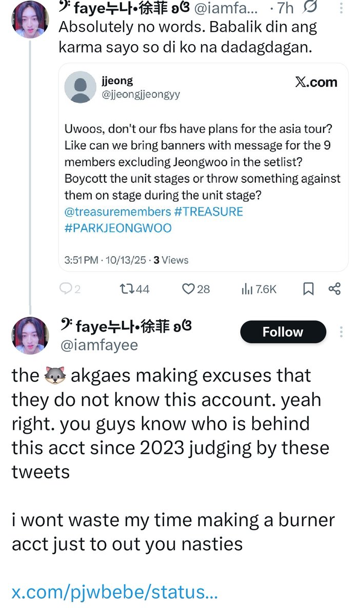 pjwtop's tweet photo. You brought that ss to public.  @iamfayee tell us who send you the screenshot unless you want us to think you make that fake account to make jeongwoo fans lost support.

Blocking me wouldn't het you away with this https://t.co/CZwbjLnEqx