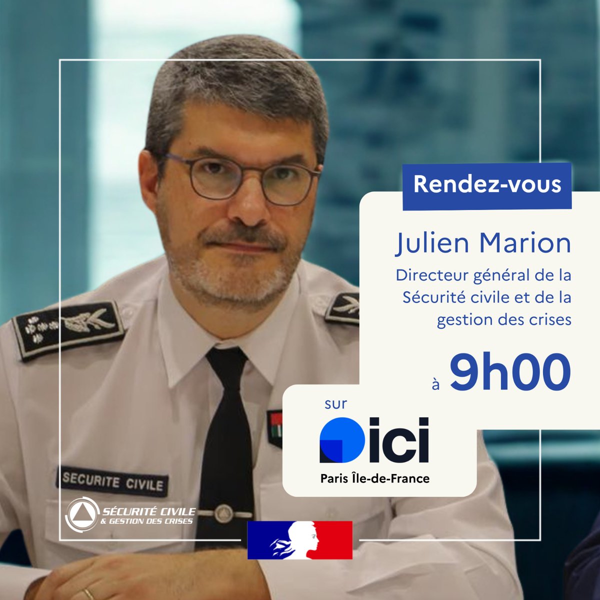 🔴 Rendez-vous demain de 9h à 10h sur <a href="/iciparisidf/">ICI Paris Île-de-France</a> 

<a href="/DG_SecCivile/">Julien Marion - DGSCGC</a>, directeur général de la Sécurité civile et de la gestion des crises abordera le rôle central de la résilience dans la préparation de l’action publique face aux crises, et la nécessité de développer une véritable