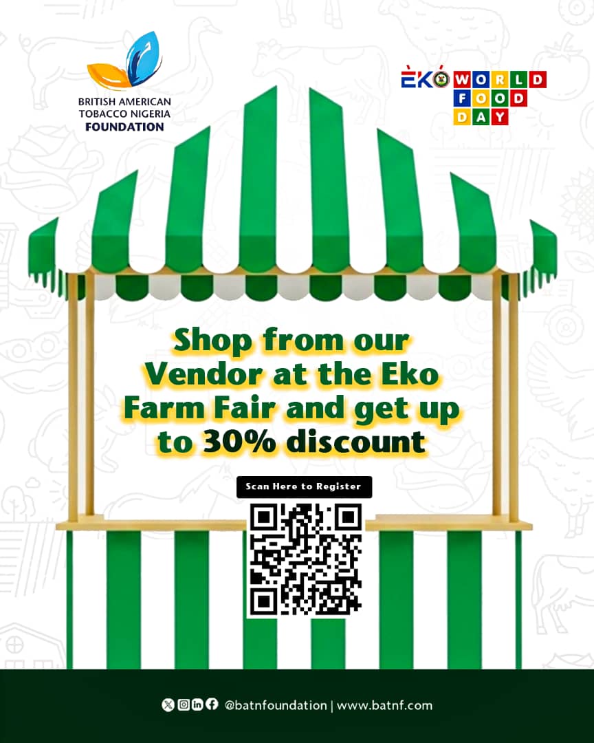 Did you know you can get up to 30% discount on your purchases at this year’s Eko Farm Fair?

Here’s how it works.
Shop from any of our vendors at the fair and enjoy exclusive discounts when you register to attend through the BATNF app.

From fresh farm produce to locally made