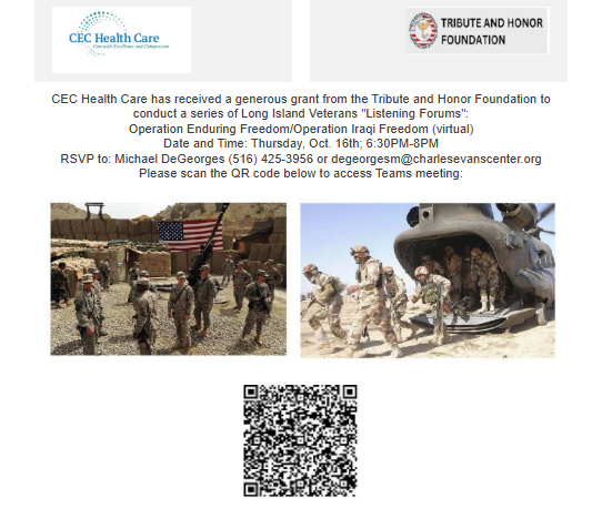 cechealthcare's tweet photo. CEC Health Care has received a generous grant from the Tribute and Honor Foundation  to conduct a series of Long Island Veteran “Listening Forums” These listening forums are intended to provide a platform for veterans to speak about the veterans issues.  The next forum is below: https://t.co/bHTCQnDEaP
