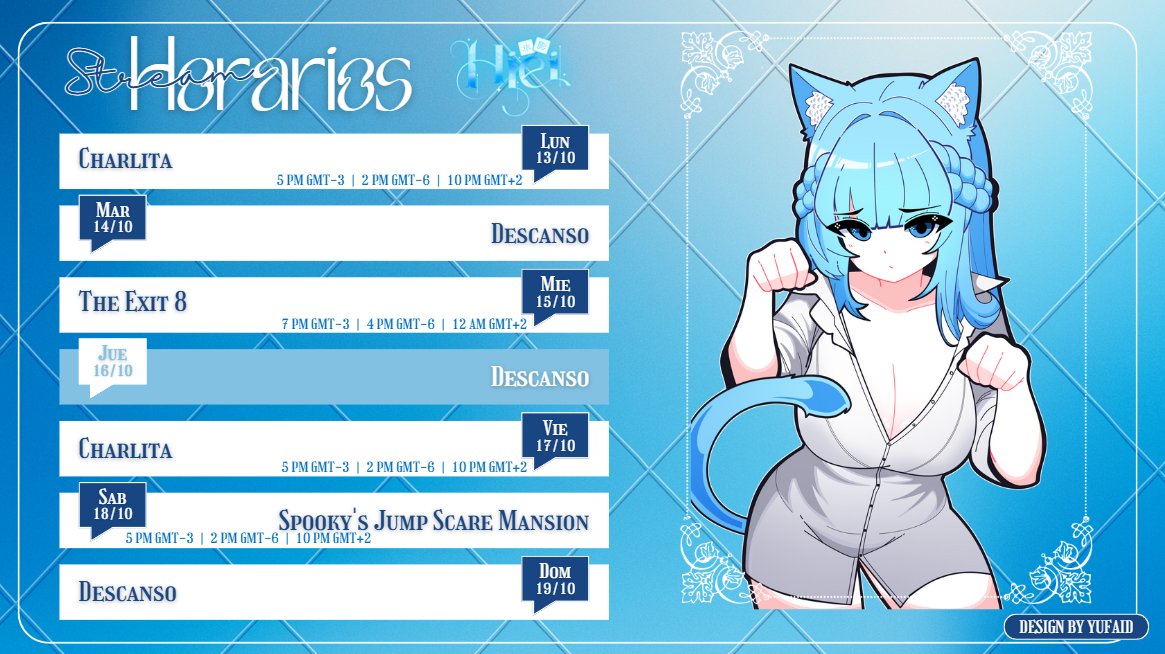 Agenda semanal (13/10 al 19/10)
¡No te olvides!
Arte de kyobi.exe
#Vtuber | #ESPVTuber | #VtuberSchedule