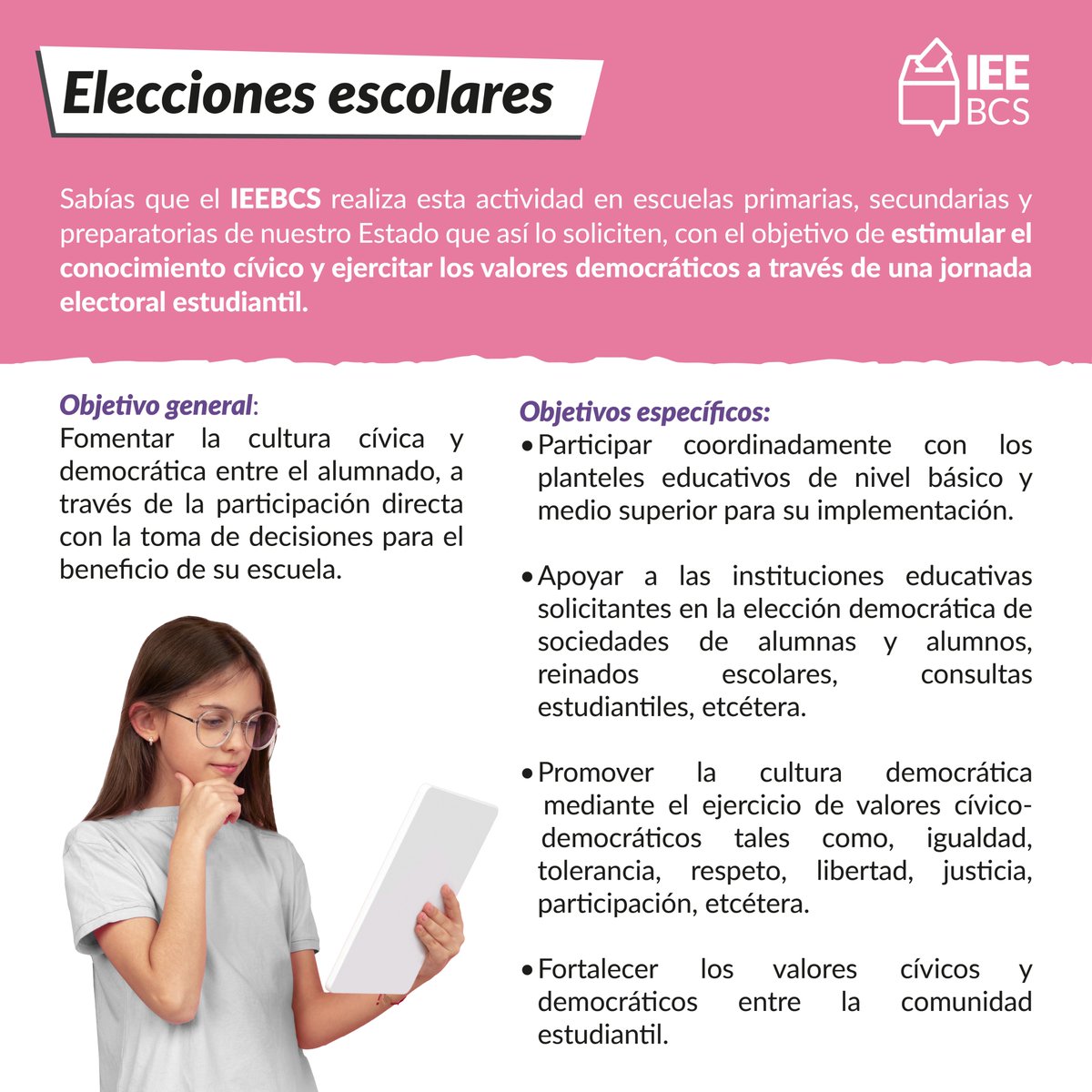 ieebcs's tweet image. 👩🏫 Si eres docente frente a grupo y quieres que tu comunidad estudiantil viva una experiencia única en la renovación de su sociedad de alumnas y alumnos, en el Instituto Estatal Electoral de Baja California Sur ¡te podemos ayudar!