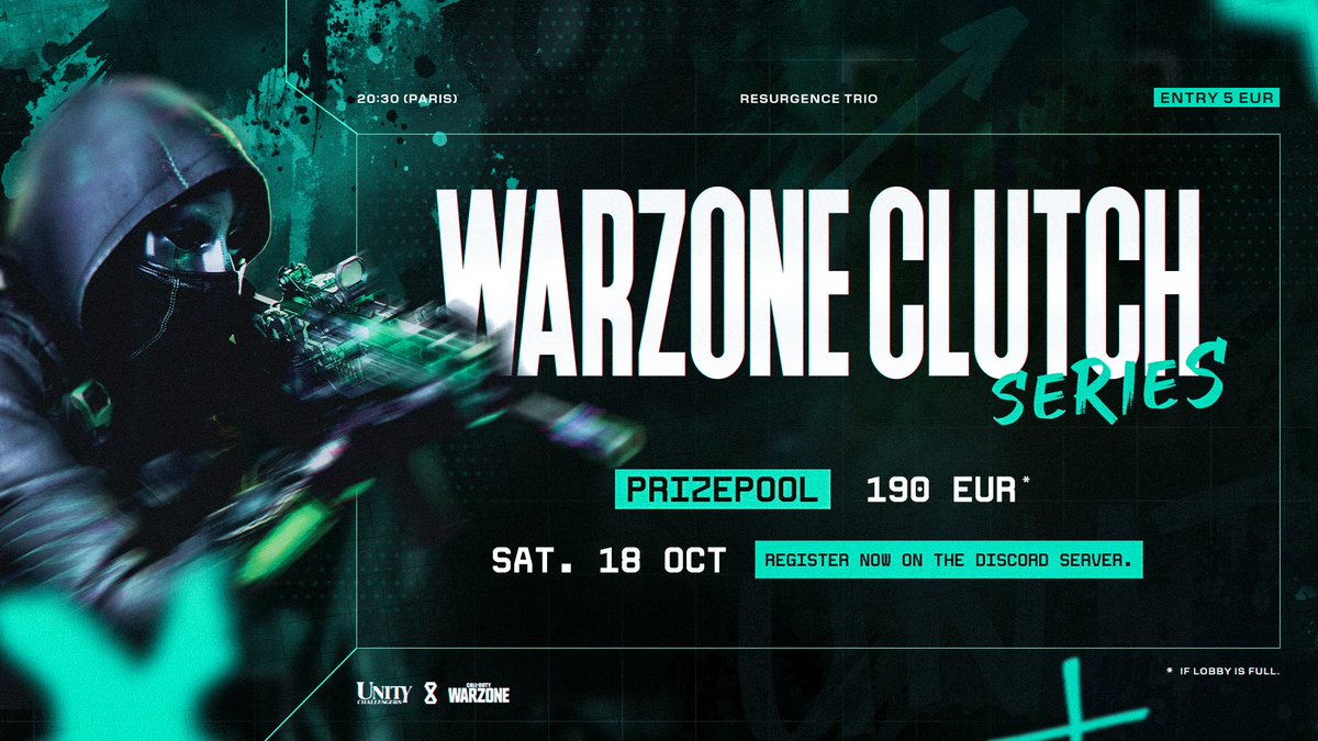 TimeToClutch's tweet image. 🏆 Custom Trio Resurgence
📅 October 18 — 8:30PM (UTC+1)
💸 15€ / team
💰190€ Cashprize (flex)
✅ Register now: discord.gg/qMaGvC5zjP
🔥 Don’t miss it — like & repost to support! 🙏
#Warzone #CallofDuty #Esport