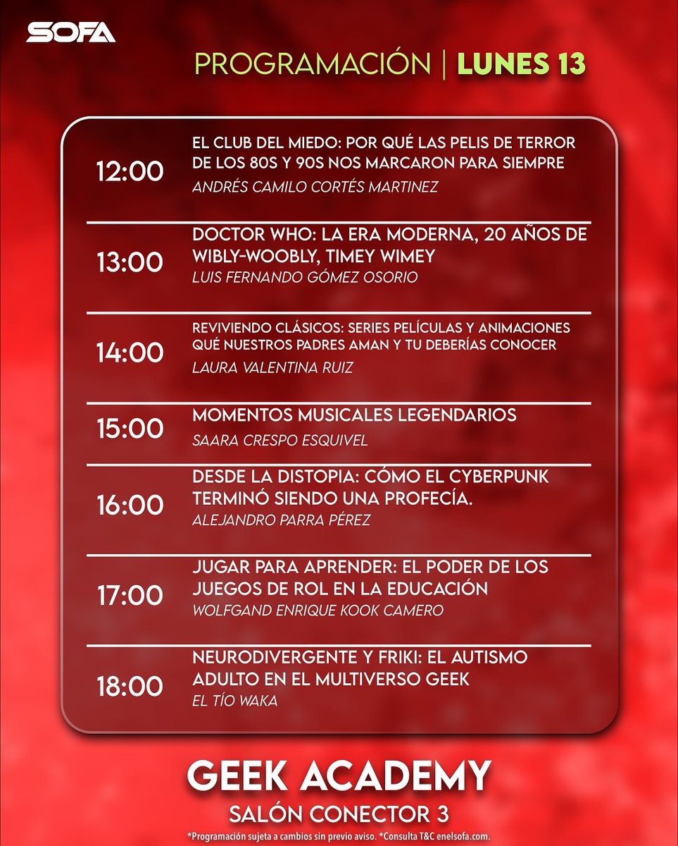 ¡ADIÓS GEEK ACADEMY! 😭 Conector 3 HOY: 
 🎬 Pelis de Terror 80s/90s 
 🕰️ 20 Años de Doctor Who moderno 
 🤖 Cyberpunk como Profecía 
 🧠 Neurodivergente y Friki: El Autismo Adulto Geek 
¡Cierre con análisis profundo! 🤓 #SOFA2025 #UltimoDiaSOFA #DoctorWho