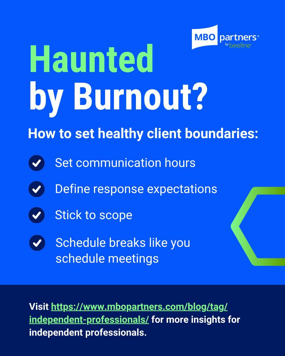 MBOpartners's tweet image. Feeling stretched thin?
Burnout can creep up fast when client boundaries aren’t clear.

The key is to set expectations early, communicate clearly, and protect your time.

Visit mbopartners.com/blog/?fwp_topi…   for more independent insights.
#IndependentProfessionals #ClientManagement…