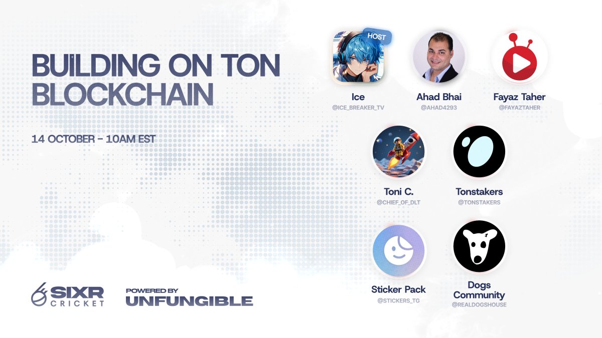 SIXR_cricket's tweet image. Join us on our weekly spaces tomorrow.
Topic: Building on TON blockchain
📅 October 14 - 10 AM EST
Set your reminders below!
