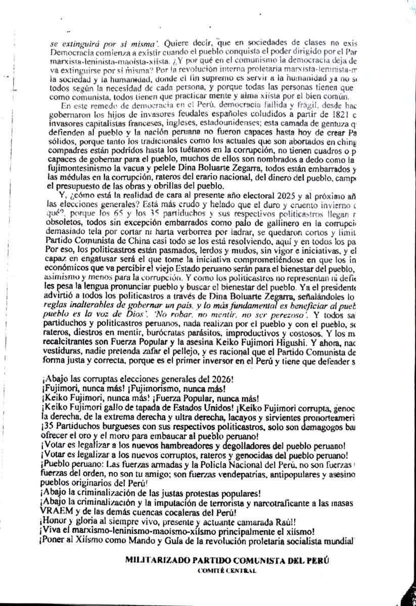#Terroristas del #Vraem, del Militarizado Partido Comunista del Perú (#MPCP), llaman a #boicotear las próximas #Elecciones Generales.
En comunicado emitido antes de la renuncia de #DinaBoluarte, califican a congresistas de 'parásitos, hambreadores...'
Es previsible algún atentado