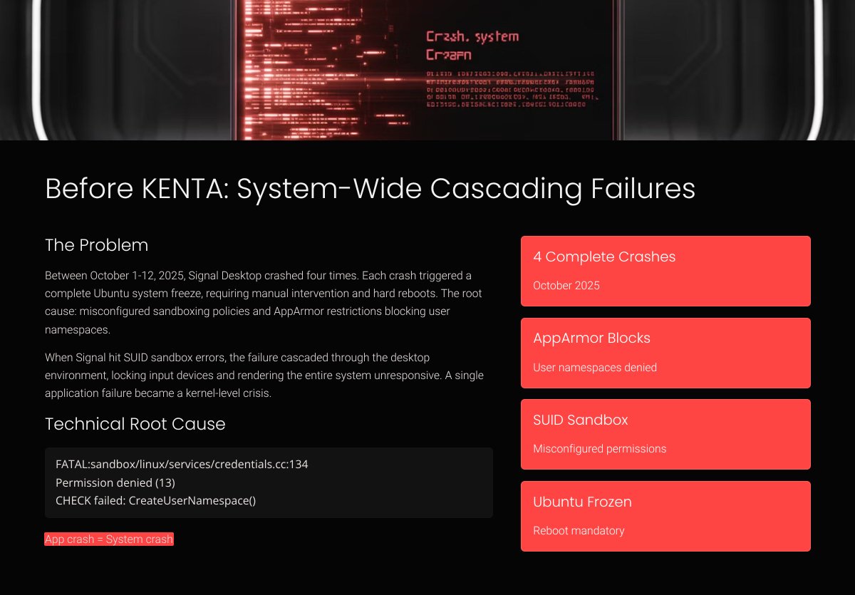 EkiMagnetiseur's tweet image. Before KENTA: 4 fatal crashes in October.
AppArmor blocking namespaces. System frozen. Hard reboot mandatory.  One app hiccup = full OS death. 💀 Assembly lines halting? Unforgivable.  #Linux #Ubuntu #SystemDesign #Industry40
@universal_robots
@ABBgroupnews
@brendangregg