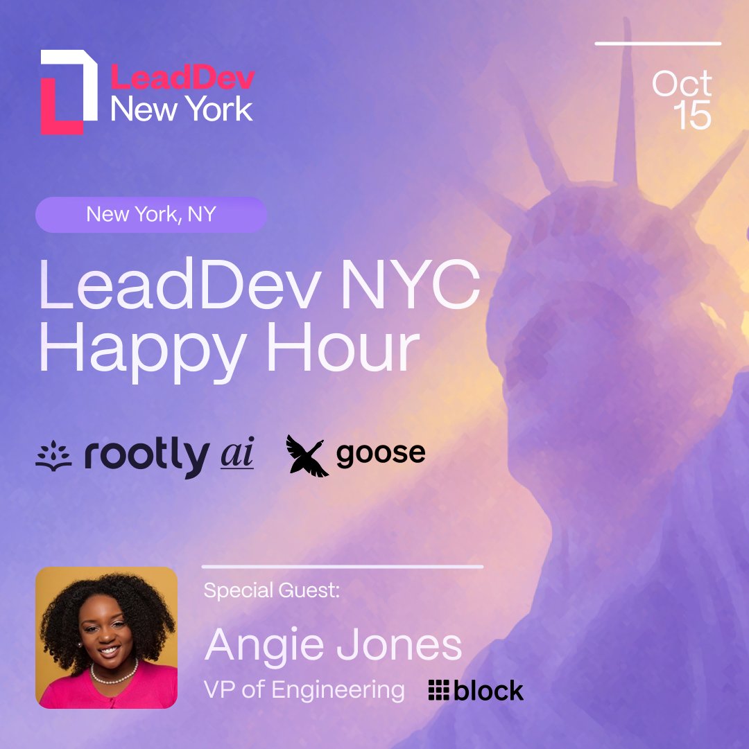 rootlyhq's tweet photo. Attending LeadDev NYC? Join us for a Happy Hour with our friends from @blocks Goose at a chic restaurant in Times Square 🗽 for gourmet bites, craft drinks, and great conversations.

We’re thrilled to welcome @techgirl1908, VP of Engineering at Block, as our special guest. Angie will be giving a talk at LeadDev on AI tooling and adoption. If you attend her session, don’t miss this chance to continue the conversation.

Join us and connect with fellow engineering leaders who are shaping the future of the industry.