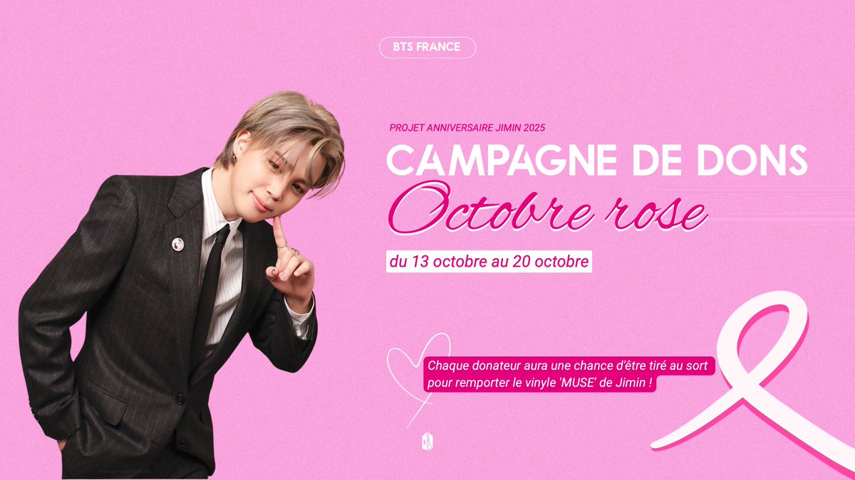 BTSFRANCE_'s tweet photo. JIMIN DAY | ARC x Jimin

Pour marquer les 30 ans de Jimin, nous vous proposons cette année de faire un don pour la lutte contre le cancer du sein. 
Mobilisons nous ensemble pour cette cause qui nous touche tous.

Chaque donateur aura une chance d'être tiré au sort pour remporter le vinyle 'MUSE' de Jimin.

🗓️La cagnotte sera ouverte du 13 octobre au 20 octobre.
L'intégralité des dons sera reversée à la fondation ARC.

🔗https://t.co/n99YvVlqO5

#HappyJiminDay #Jimin #BTS @BTS_twt
