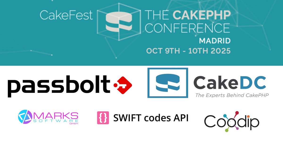 cakephp's tweet image. What a great weekend we had in Madrid for #CakeFest 2025. We hope everyone has made it back home safely.
Thank you again to our speakers, attendees and especially our sponsors, for making the event a success.
🍰