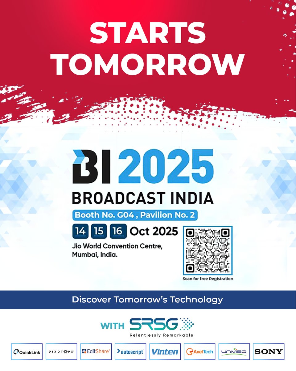 It all starts tomorrow! 🎬

Broadcast India 2025 is live. Visit us at Booth G04, Pavilion 2 to see the tech powering the future of media.

From #Pixotope virtual production to #FileCatalyst accelerated transfers – see it in action.

Schedule your meeting: srsg.com/bi2025/