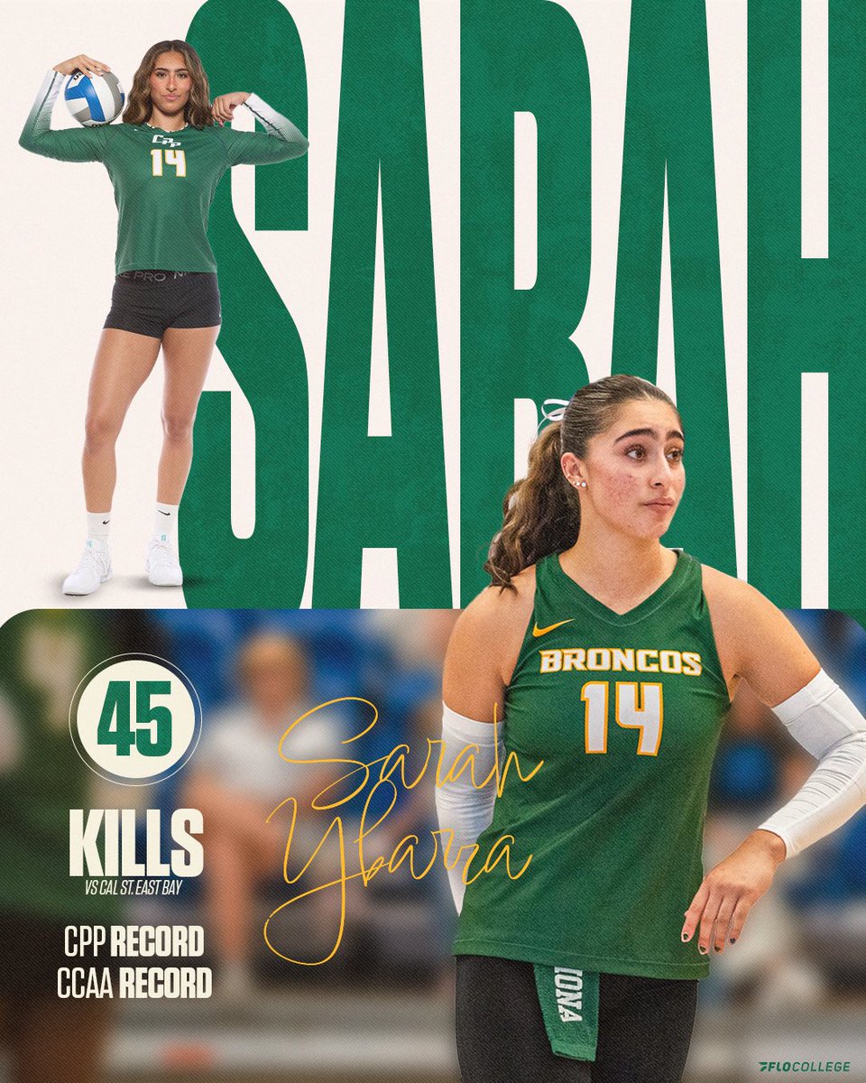 FloCollegeVB's tweet image. Sarah. Ybarra. 🔥🏐
Ybarra knocked down 45 kills in the Broncos win on Saturday. This feat breaks the CPP program record, ties the CCAA record, and is the 5th most kills ever hit in a NCAA II match 👏
#CCAAVB | @goccaa | @cppbroncos