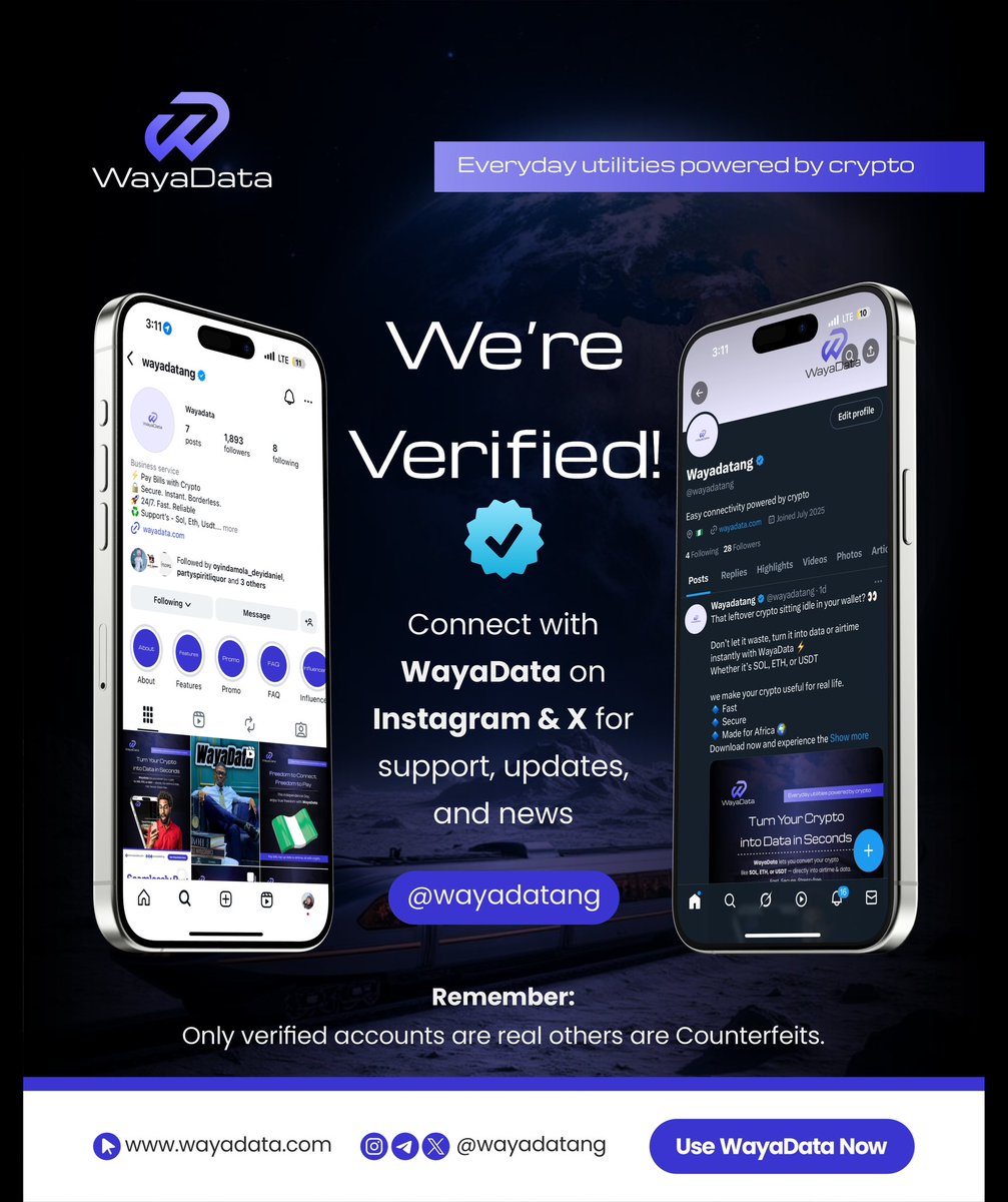 wayadatang's tweet photo. Big news! WayaData is now officially verified on Instagram & X ✅
Reach out to us directly for support, updates, or any WireData-related queries.
Remember: Only verified WireData accounts are real , stay safe from fakes!
#WireData #Verified #OfficialAccount #StaySafe #CustomerSupport
