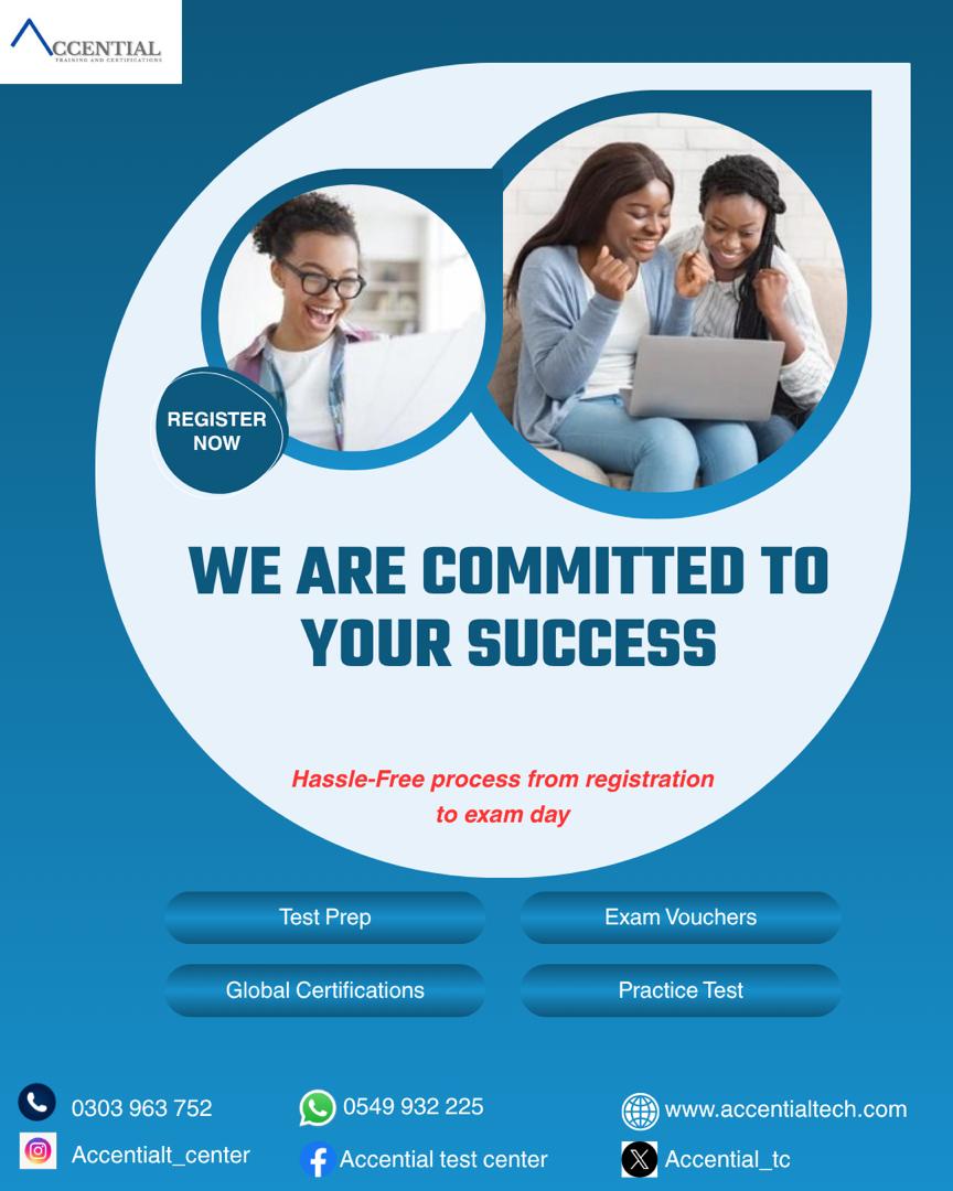 Accential_TC's tweet image. Unlock Your Potential with Accential!
We’re dedicated to your success from registration to exam day. Register now and let’s achieve your goals together! 0303 963 752 / 0549 932 225
#Accential #GlobalCertifications #SuccessJourney #RegisterNow #internationalcertification
