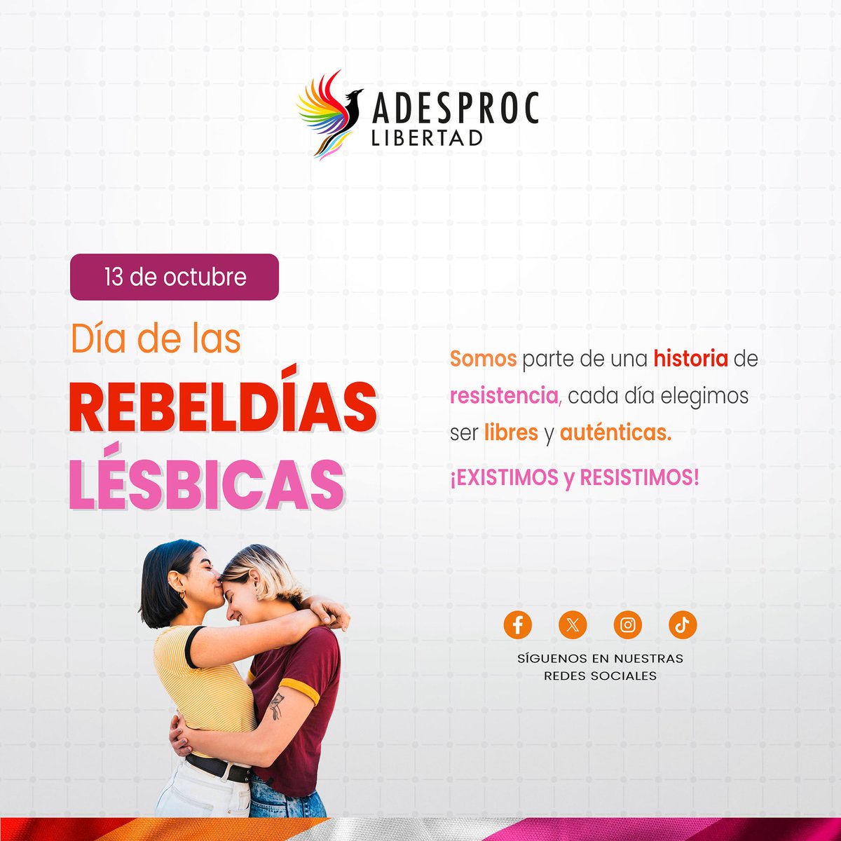 ADESPROC's tweet image. Hoy honramos la lucha incansable de mujeres lesbianas que desafían normas, rompen silencios y construyen caminos de visibilidad y libertad.

#13deoctubre #mujereslesbianas #rebeldia #orgullolesbico #derechos #ADESPROCLIBERTAD