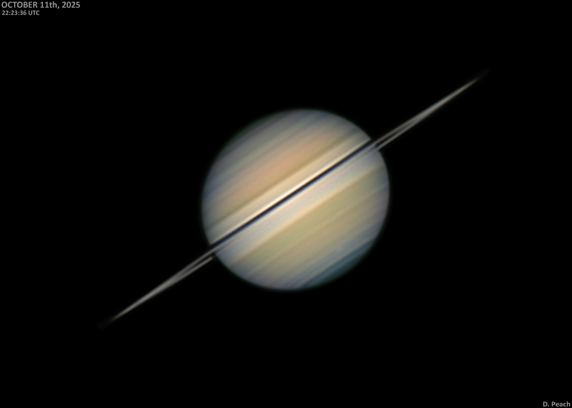 Saturn on October 11th. Some periods of good seeing. Very lucky, as just as i was finishing low cloud formed and the sky sealed up within minutes. The rings here are tilted just 1º toward us. It gives you some idea of just how thin they are - despite being around 280,000km across