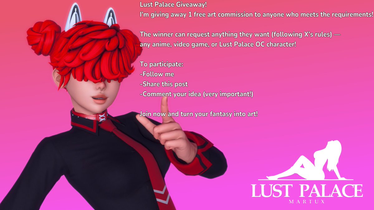 Derpcorn1997's tweet image. 🎁 Lust Palace Giveaway! 🎨
I'm giving away 1 free art commission to anyone who meets the requirements!
✨ The winner can request anything they want 
any anime, video game, or Lust Palace OC character!