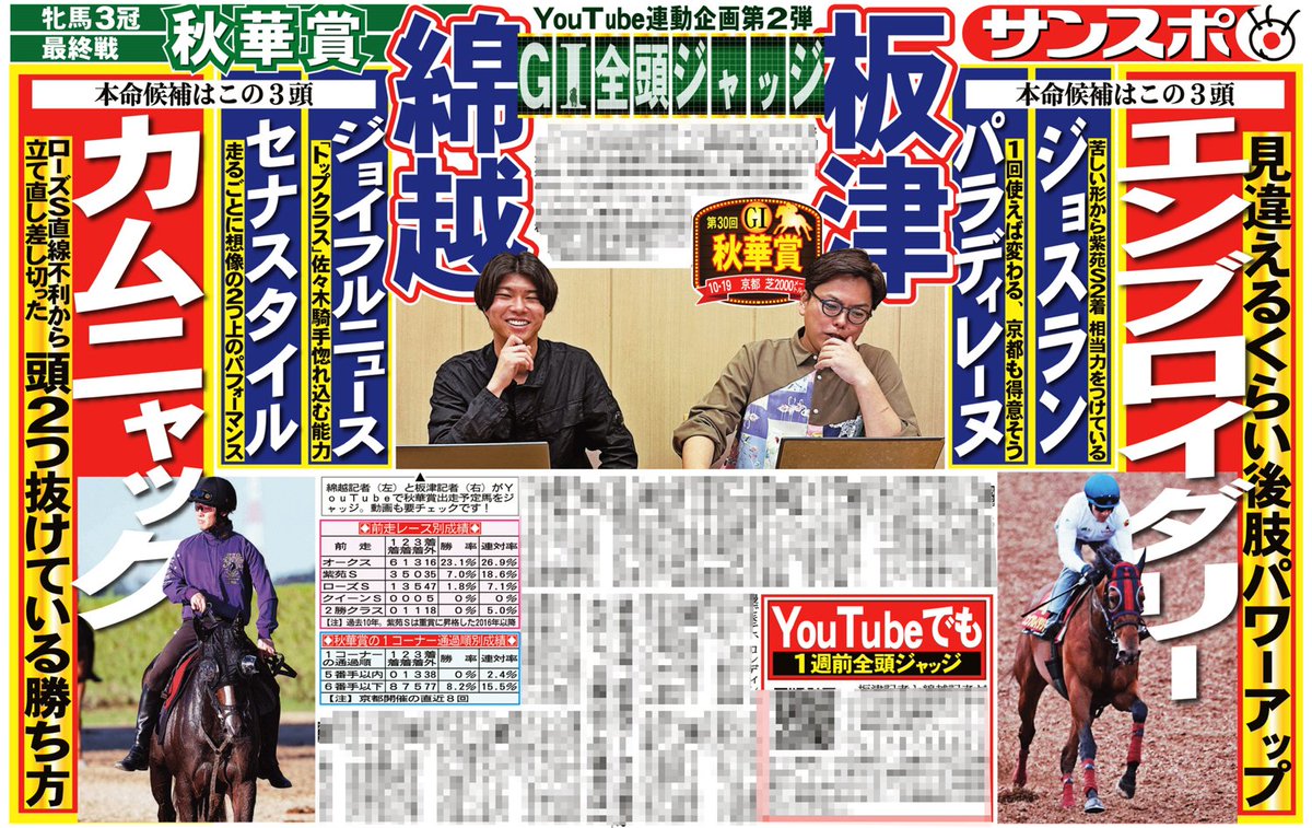 本日のサンスポ 終面は 【#秋華賞 予想】 YouTube公式チャンネル