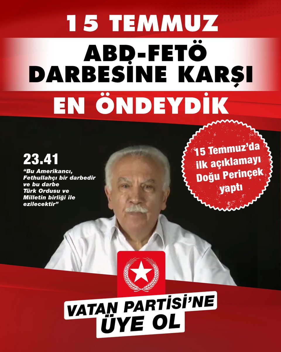 15 Temmuz ABD-FETÖ darbesine karşı en öndeydik

15 Temmuz'da ilk açıklamayı Genel Başkanımız Doğu Perinçek yaptı.

Vatan Partisi'ne üye ol

vatanpartisi.org.tr/genel-merkez/u…