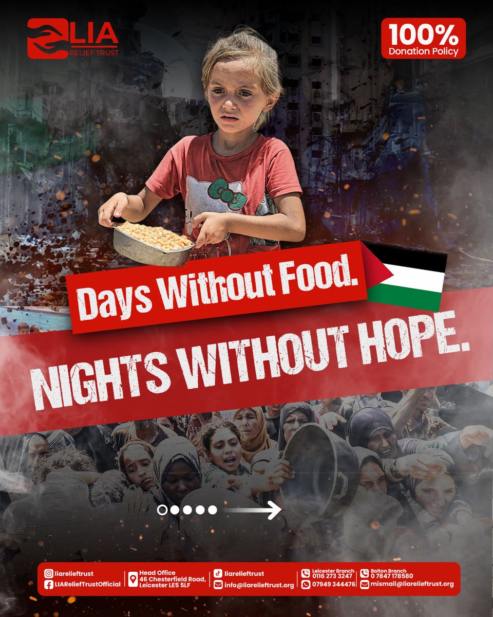 LIAReliefTrust's tweet image. 🚨 Gaza is running out of time.

470,000+ people, including children face starvation.

Alhamdulillah, LIA is on the ground delivering hot meals, food packs &amp;amp; urgent aid.

Stand with Gaza. Be their hope today.

🔗 liarelieftrust.org/appeals/gaza-e…

#LIAReliefTrust #GazaEmergency