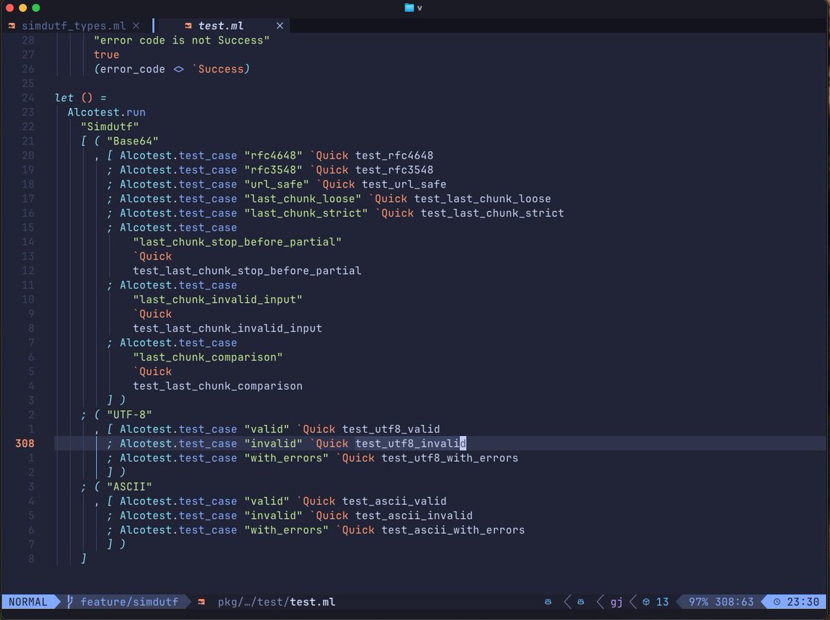 kicauipul's tweet image. Was told OCaml was fast. Then I tried to validate some UTF-8 and Base64 encode/decode.
Anyway, I'm now integrating simdutf. Dropping into C++ feels like heresy, but the performance of the pure #OCaml options is a statistical error. 💀