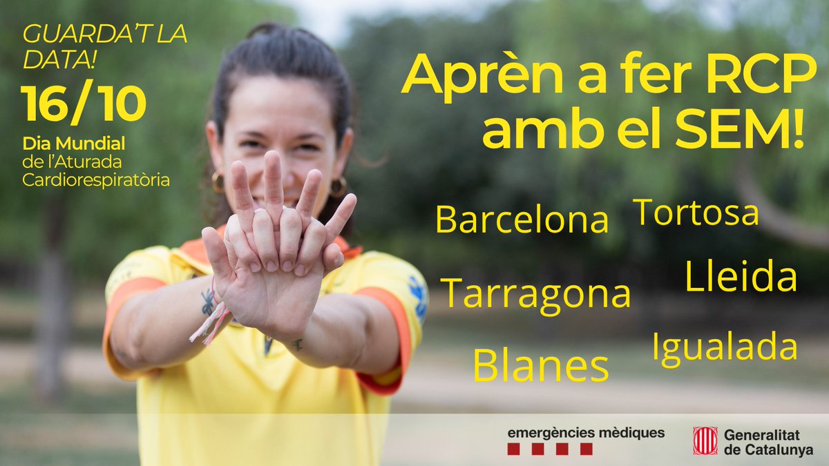 Aquest dijous, 16 d'octubre, és el Dia Mundial de l'Aturada Cardiorespiratòria. Un any més, el #SEM organitza una sèrie d’activitats amb la finalitat d’involucrar a grans i petits en l’aprenentatge d’una tècnica que salva vides: la reanimació cardiopulmonar, #RCP. 

Ens podràs