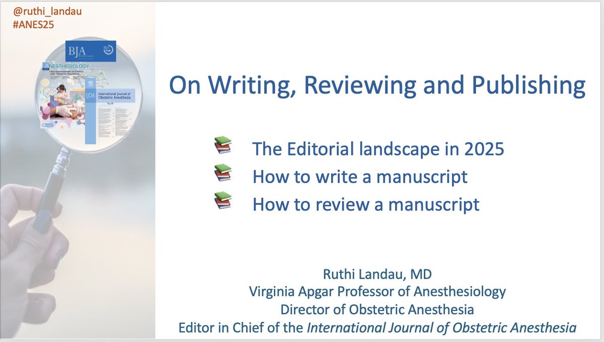 ruthi_landau's tweet image. #ANES25 @ASALifeline 

Please join us tomorrow ROOM 209 (8am) for an educational and  inspirational panel on the Editorial Landscape in 2025 with Dr. Brian Bateman from @stanfordanes and Dr. Cynthia Wong from @uiowa 

We will cover important topics:
📚 how to write a manuscript…