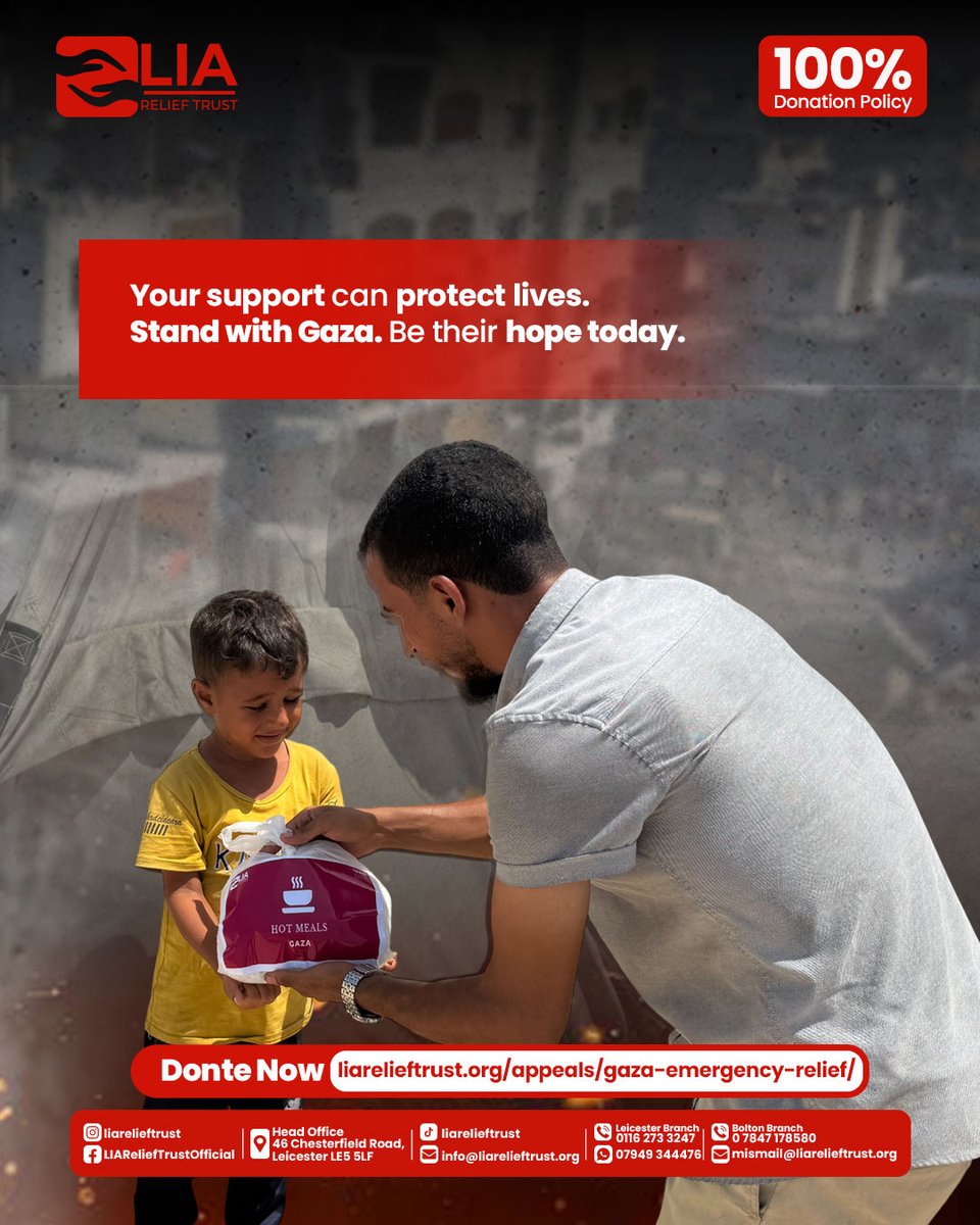 LIAReliefTrust's tweet image. 🚨 Gaza is running out of time.

470,000+ people, including children face starvation.

Alhamdulillah, LIA is on the ground delivering hot meals, food packs &amp;amp; urgent aid.

Stand with Gaza. Be their hope today.

🔗 liarelieftrust.org/appeals/gaza-e…

#LIAReliefTrust #GazaEmergency