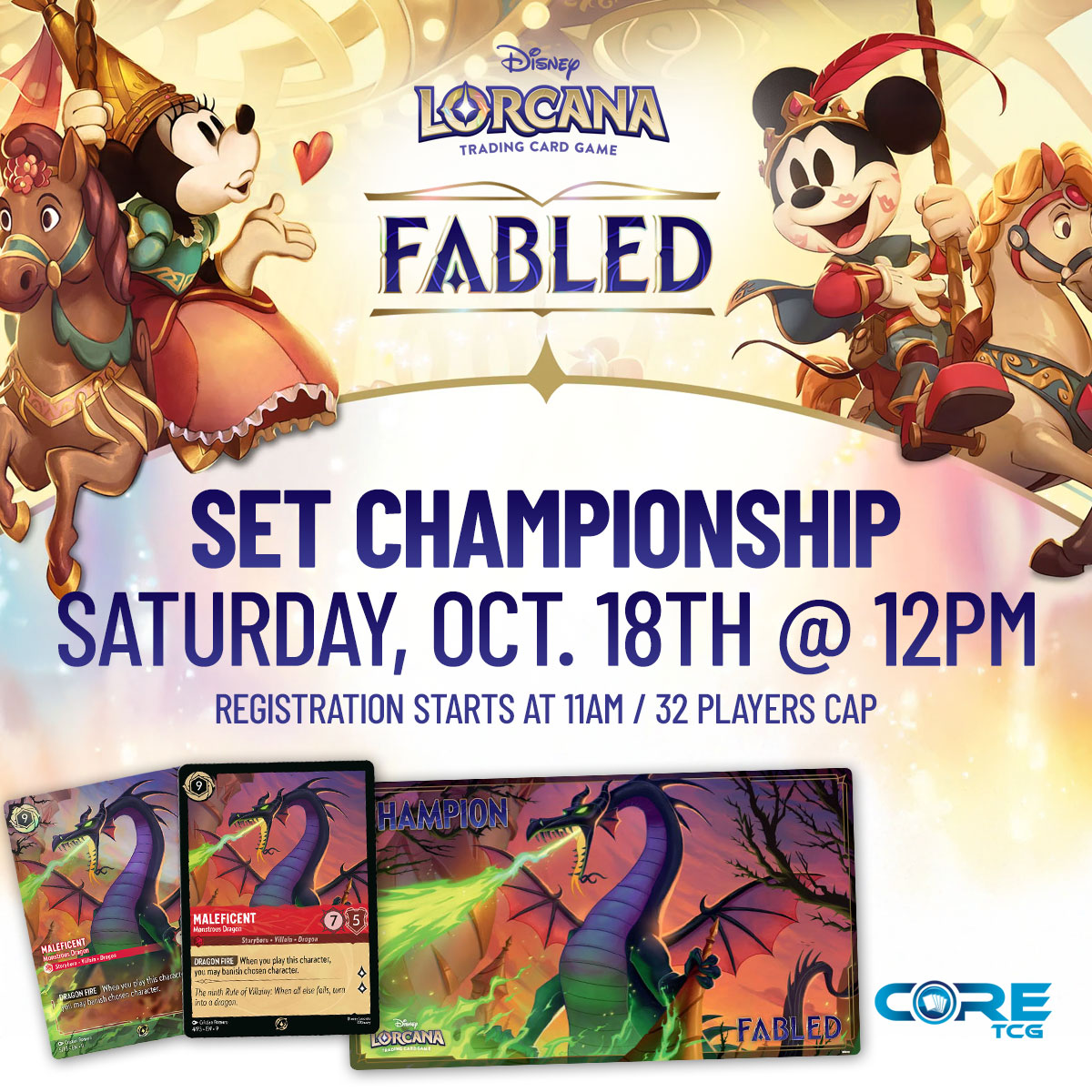 CoreTCG's tweet image. Its that time for #lorcana players to play Fabled set championship!

Registration Start: 11:00 AM
Entry Fee: $20.00
Entry Prize: 3x Fabled Booster Packs

Swiss Round and Top Cut Playoff (Single Elimination)

Please share with your other Lorcana friends!  #coretcg