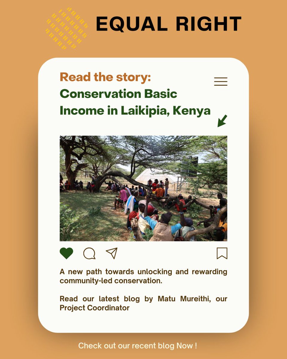 Equal Right (@equalrightorg) on Twitter photo In Kenya, <a href="/EqualRightOrg/">Equal Right</a> is piloting the Climate Commons Fund with Il Ngwesi Conservancy, combining cash transfers + ecological bonuses to reward conservation.
Read Matu Mureithi’s story: Conservation Basic Income in Laikipia, Kenya 🌿
🔗equalright.org/updates/conser… In Kenya, <a href="/EqualRightOrg/">Equal Right</a> is piloting the Climate Commons Fund with Il Ngwesi Conservancy, combining cash transfers + ecological bonuses to reward conservation.
Read Matu Mureithi’s story: Conservation Basic Income in Laikipia, Kenya 🌿
🔗equalright.org/updates/conser…
