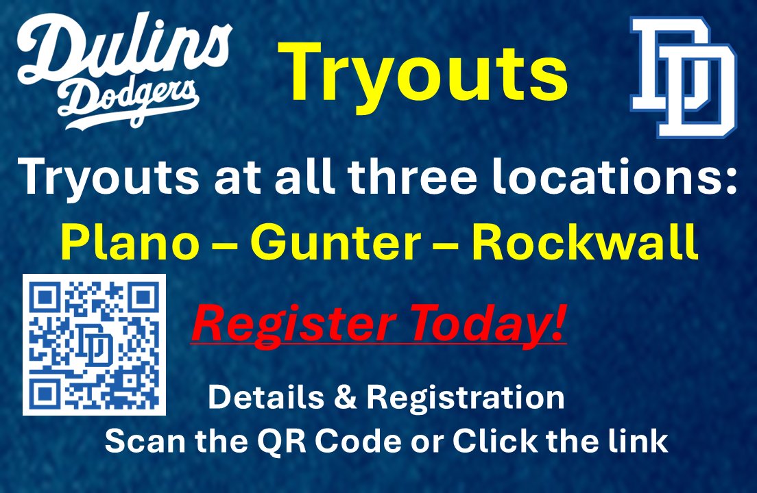 Register for Dulins Dodgers Tryouts Today!
dulinsdodgerstx.com/tryouts