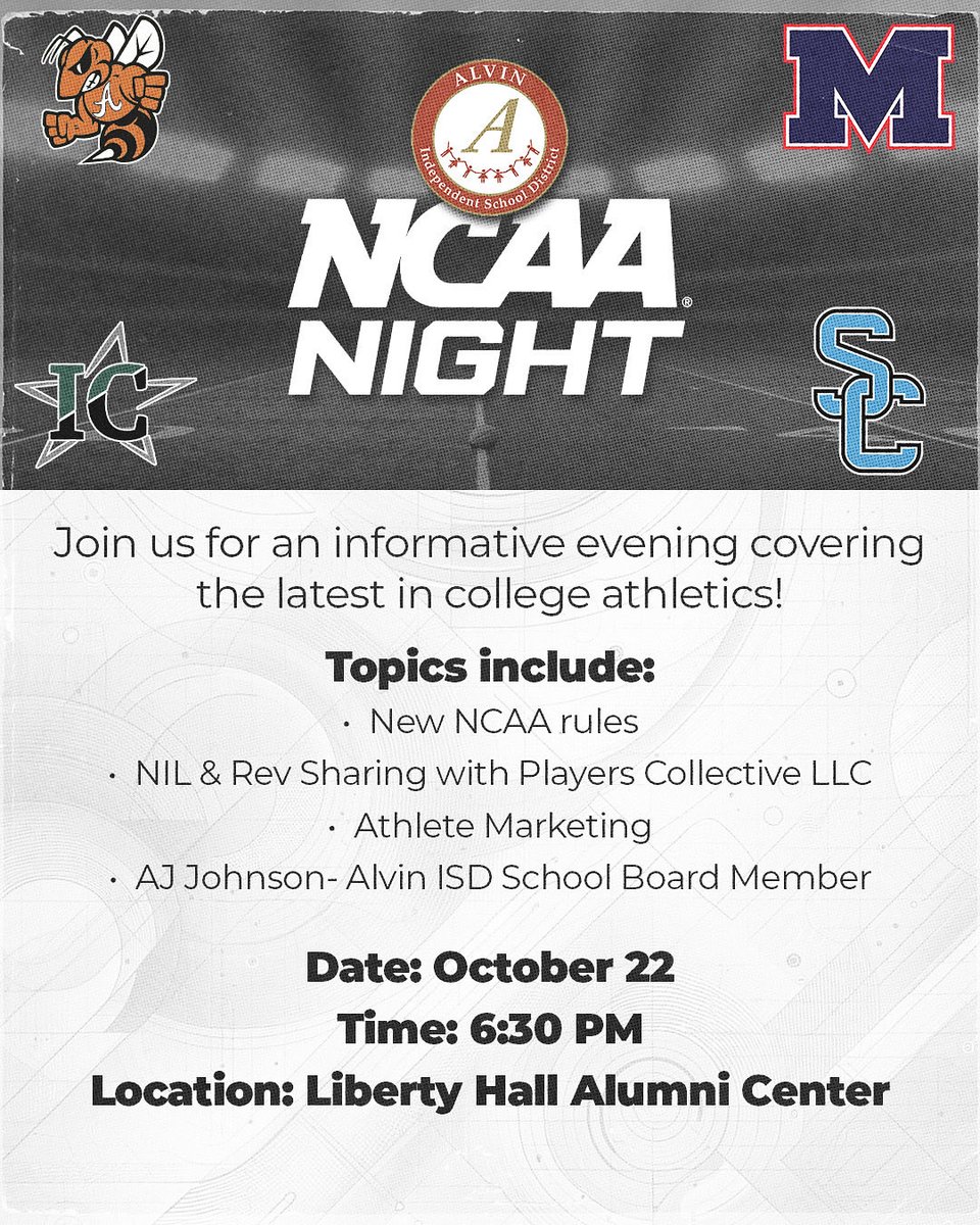 Join us as we have presenters and information on what’s going on at the NCAA level!  We are providing an opportunity to all athletes in <a href="/AlvinISD/">Alvin ISD</a> to gain knowledge and get a step ahead. 
#knowledge #informed #oppotunities