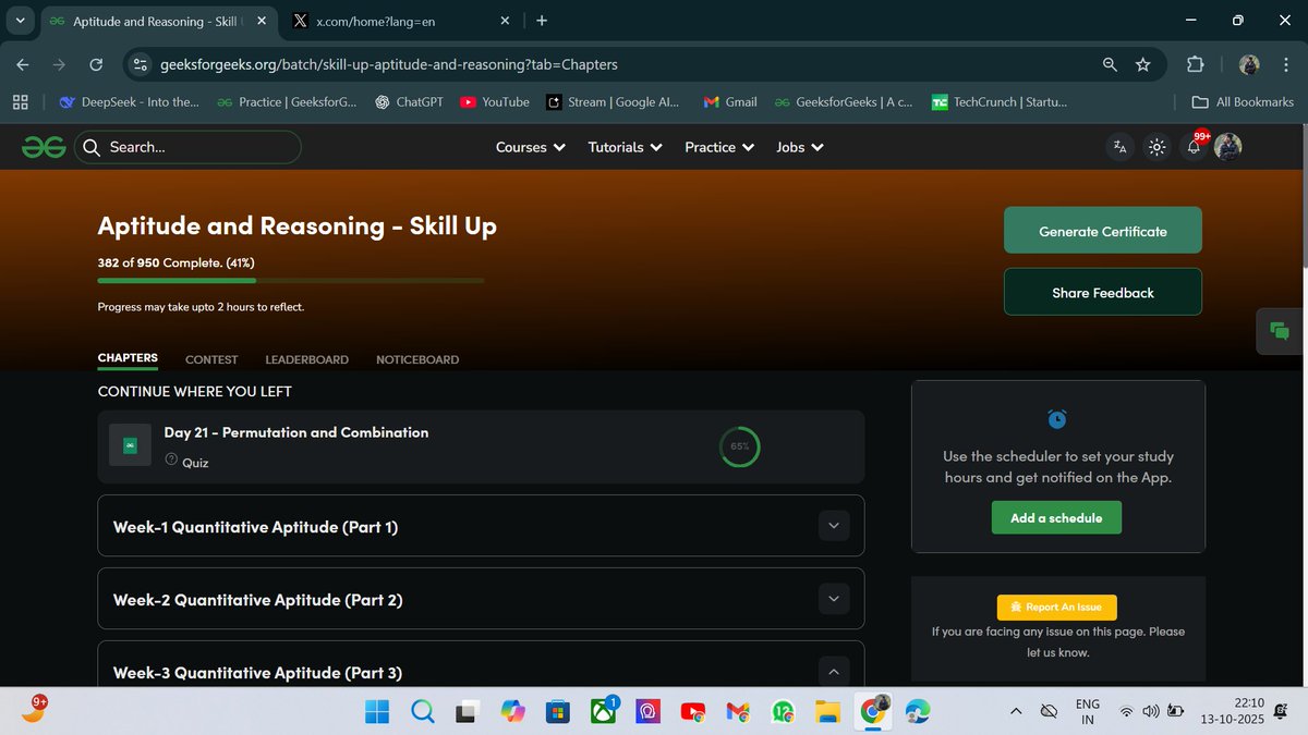 abhayyadav96312's tweet image. 🚀 Staying consistent with the 100 Day Streak Challenge
📅 DAY- 75
JAVA - Skill Up program by @geeksforgeeks
👉 geeksforgeeks.org/batch/skill-up…
🧠 Also started Aptitude & Reasoning geeksforgeeks.org/batch/skill-up…
#skillupwithgfg #nationskillup #geeksforgeeks