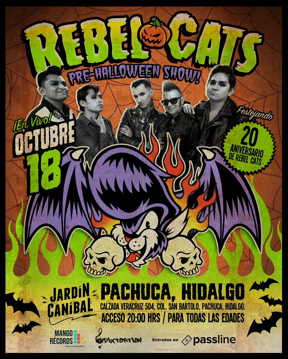 🎃Pachuca🎃 ¿Ya tienen listo su disfraz para este sábado 18 de octubre en Jardín Canibal? 

Banda invitada: Rey Kalavera 👑💀

Sorpresas para el mejor disfraz* 🧛🏻‍♀️🧟‍♂️👻

🎫 Boletos en passline.com/eventos/rebelc…