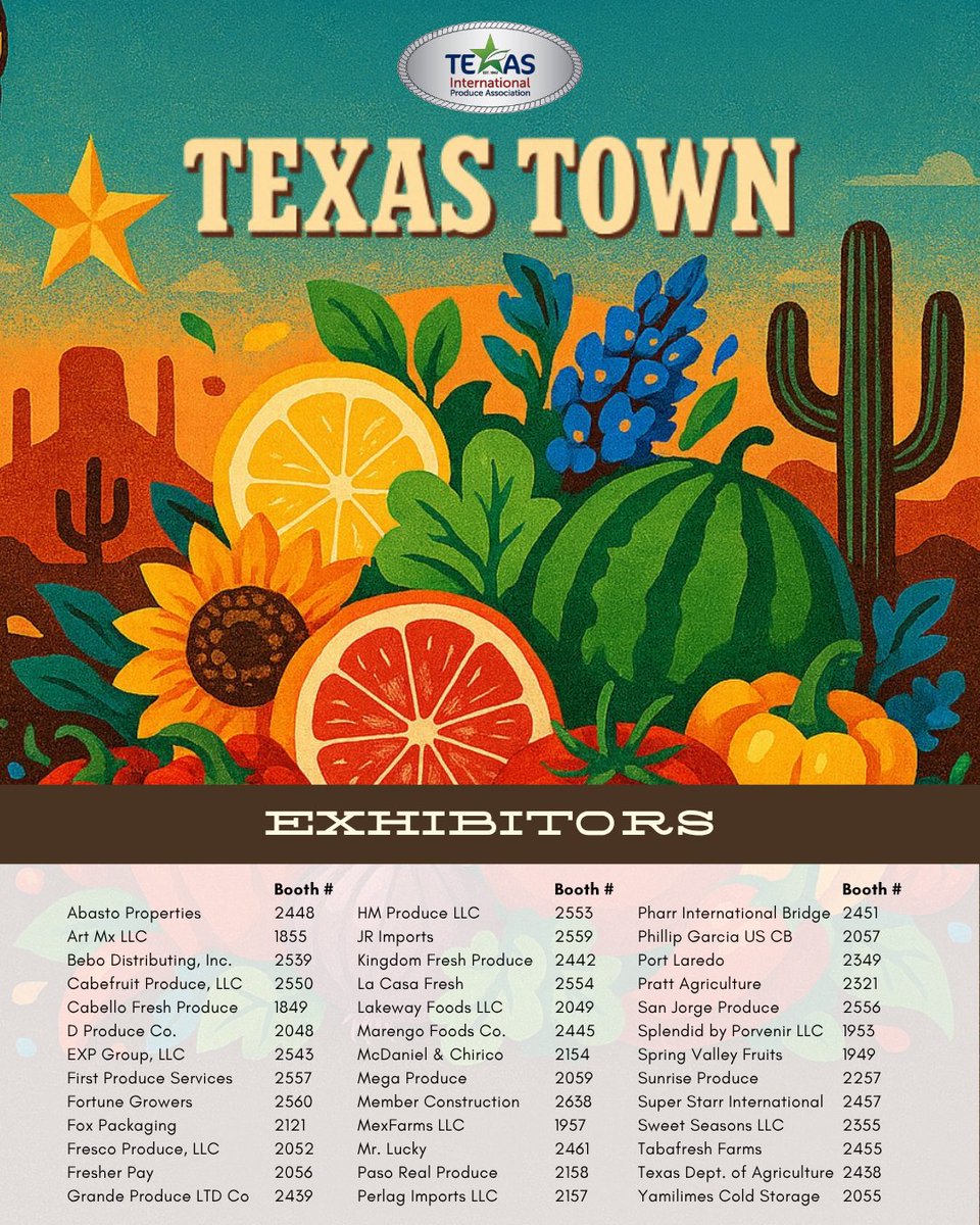 🌵🍅 The <a href="/IntFreshProduce/">International Fresh Produce Association</a> #GPFS2025 kicks off later this week ! 🍊🥬

Stop by #TexasTown and meet the growers, shippers, distributors and solution providers powering North America’s #freshproduce movement. 🌎✨

See y’all on the show floor! 🤠

#TIPA #TexasProduce #TexMexCorridor
