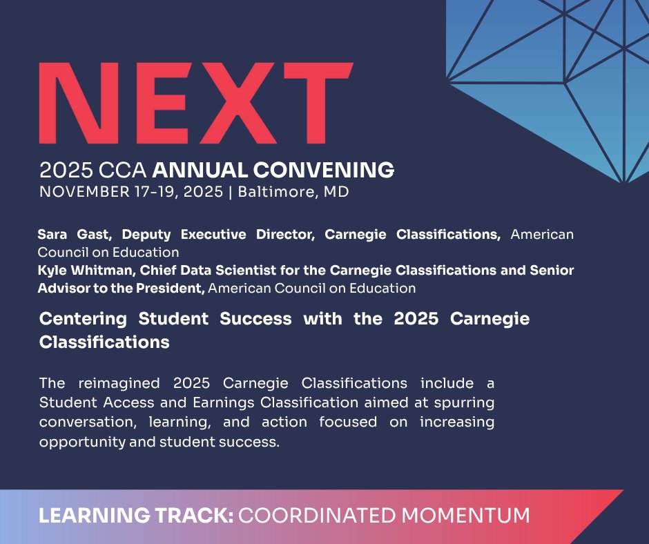Complete College America is excited to have <a href="/ACEducation/">ACE</a>'s Sara Gast and Kyle Whitman to NEXT: The 2025 CCA Annual Convening in Baltimore, MD, November 17-19. 

Register today: web.cvent.com/event/5f4aa210…