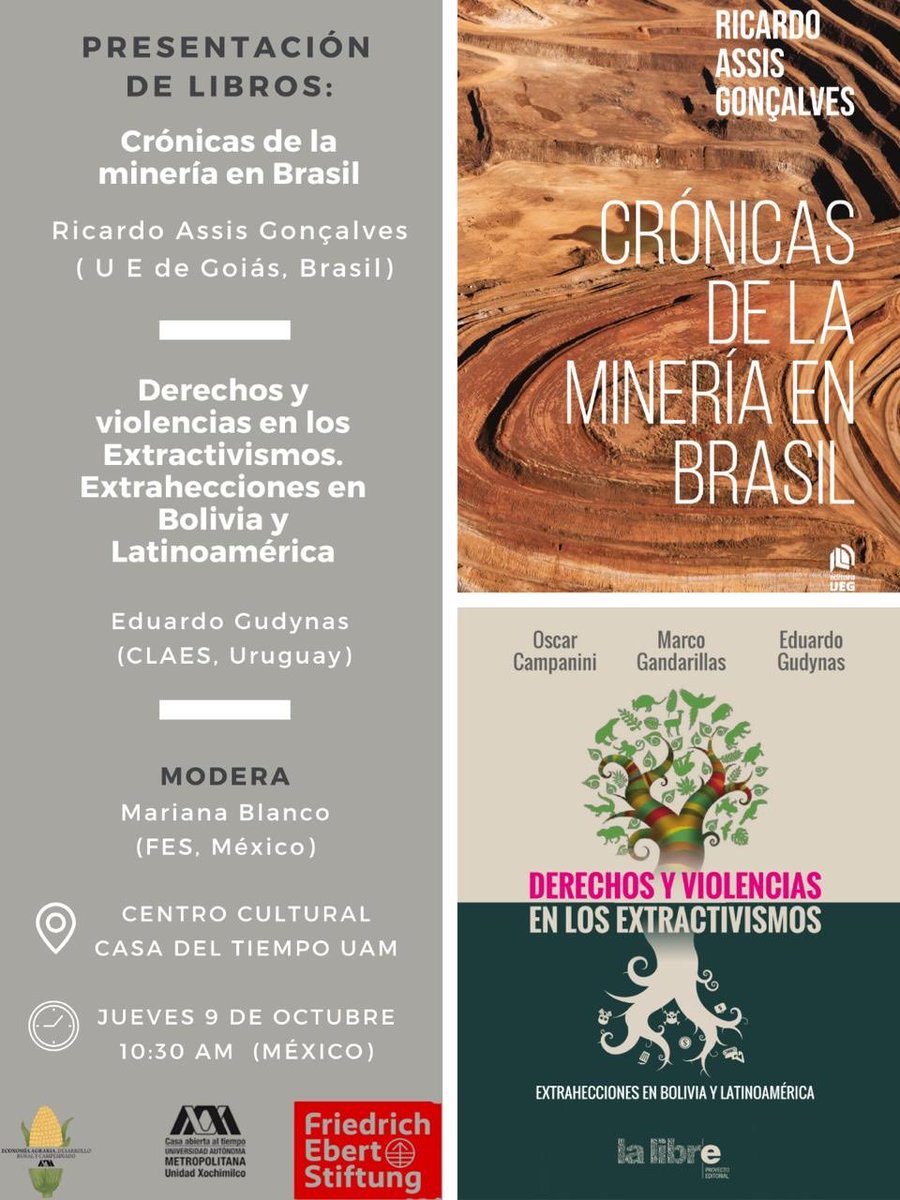 El 09/10, <a href="/OsCampanini/">Oscar Campanini G.</a> presentó en México el nuevo libro "El rol de China en la extracción del litio en América Latina".
<a href="/AleidaAzamarA/">Aleida Azamar Alonso</a> y <a href="/EGudynas/">Eduardo Gudynas</a> también compartieron sus aportes en este evento.
Los 3 libros están disponibles en digital en nuestra web y en físico en La Libre.