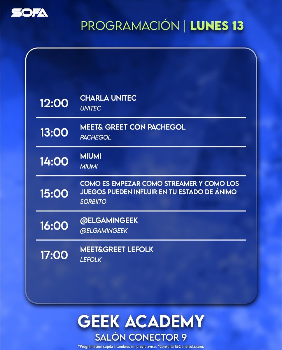 ¡ADIÓS GEEK ACADEMY! 😭 Conector 9 HOY: 
🎮 Meet&amp;Greet con Pachegol
🎤 MIUMI y <a href="/ELGAMINGEEK/">ElGamínGeek</a>
🧠 SORBIITO te habla de streaming y estado de ánimo 👋 Cierre con Meet&amp;Greet LEFOLK
¡Últimas horas con tus gamers favoritos! 🔥 #SOFA2025 #UltimoDiaSOFA